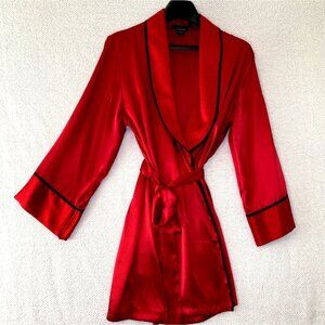Jones New York Red Satin Robe Black Trim Tie Front L/XL